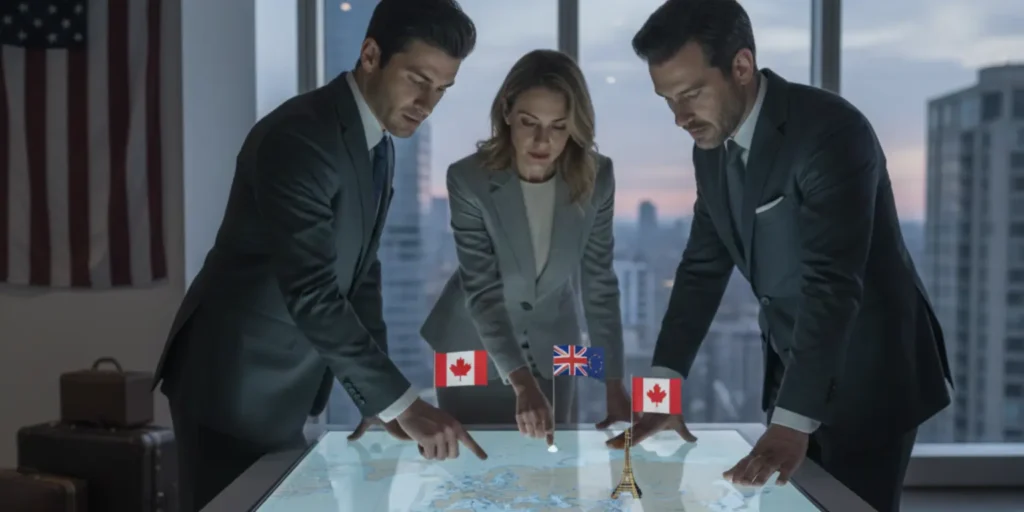 Millionaire Americans with passports and luggage looking at a world map, symbolizing interest in leaving the United States.
