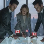 Millionaire Americans with passports and luggage looking at a world map, symbolizing interest in leaving the United States.