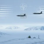 Illustration of Greenland featuring U.S. and NATO symbols alongside former President Donald Trump, highlighting Arctic security and military access discussions.