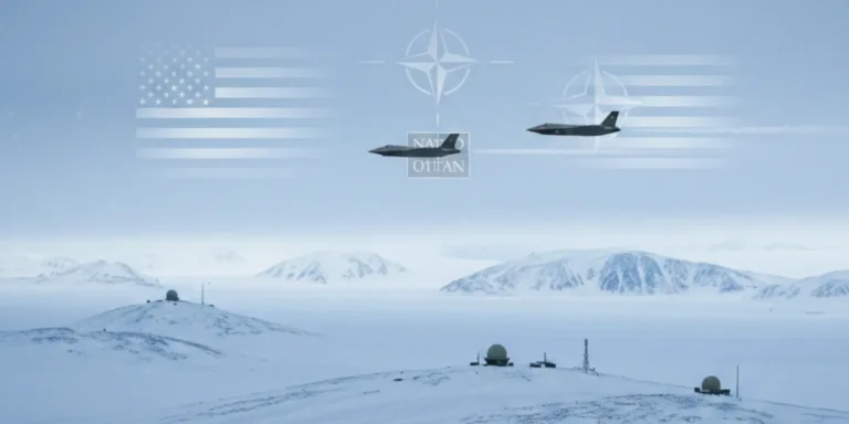 Illustration of Greenland featuring U.S. and NATO symbols alongside former President Donald Trump, highlighting Arctic security and military access discussions.