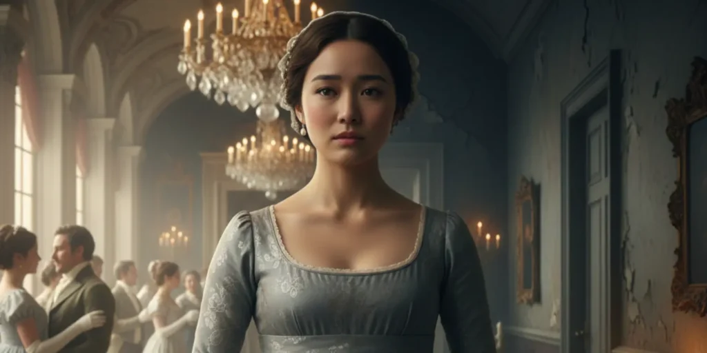 Sophie Baek in Bridgerton season four shown as a ward in Regency England, symbolizing her hidden past and loss of social status