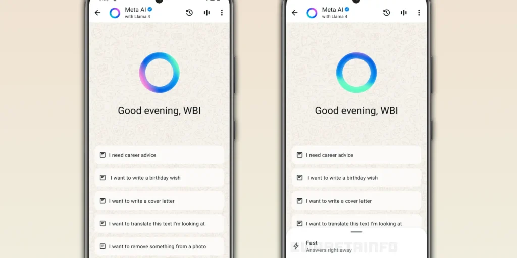 WhatsApp chat interface showing Meta AI with thinking mode icons, representing deeper and more structured AI responses.