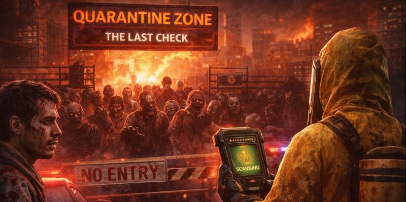 Hazmat officer scanning a survivor at a zombie checkpoint in Quarantine Zone The Last Check