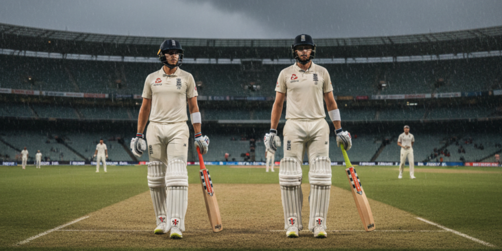 Joe Root and Harry Brook batting for England during the rain-disrupted final Ashes Test against Australia.