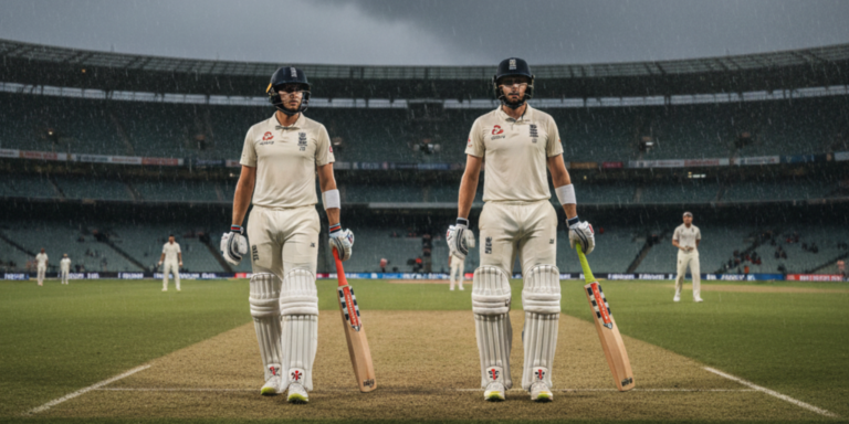 Joe Root and Harry Brook batting for England during the rain-disrupted final Ashes Test against Australia.