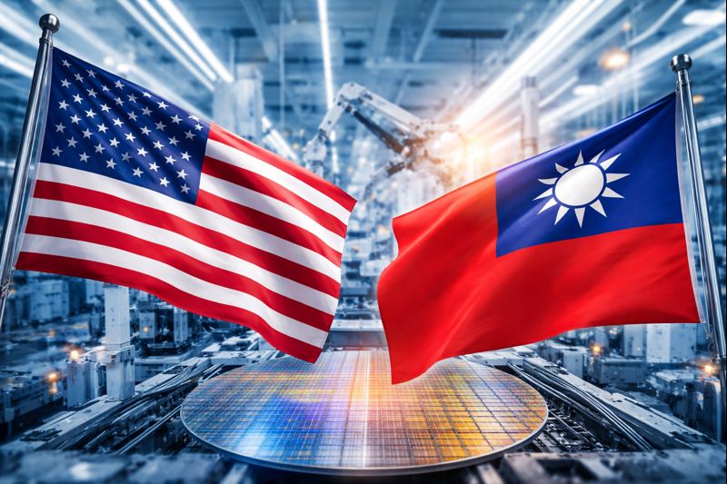 US and Taiwan flags inside a semiconductor manufacturing plant symbolizing a $250 billion investment to boost US chip production