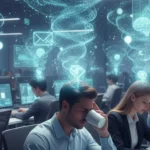 AI at Work concept image showing employees overwhelmed by AI-powered productivity tools, long to-do lists, and rising workplace pressure