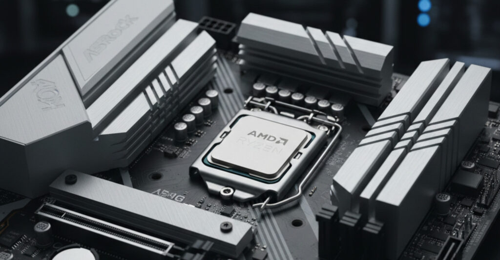 Close-up of an ASRock motherboard with an AMD Ryzen X3D CPU installed, highlighting the motherboard components and CPU socket.