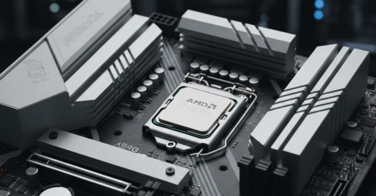 Close-up of an ASRock motherboard with an AMD Ryzen X3D CPU installed, highlighting the motherboard components and CPU socket.