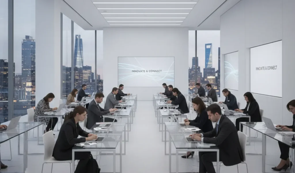 Apple press event showing journalists testing new devices during a hands-on product experience instead of a traditional keynote presentation.