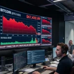 Bitcoin price chart falling below $68,000 on a digital trading screen as the cryptocurrency market faces an extended five-month decline.