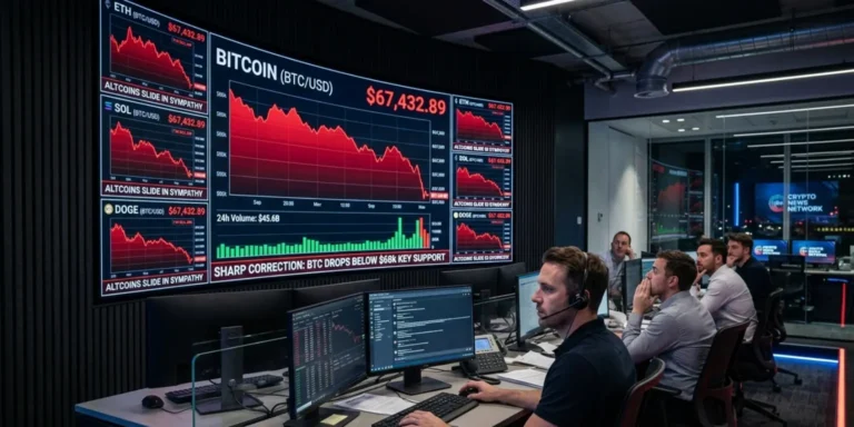 Bitcoin price chart falling below $68,000 on a digital trading screen as the cryptocurrency market faces an extended five-month decline.