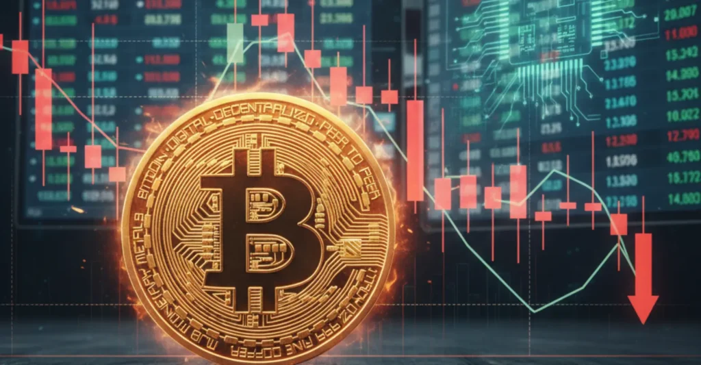 Bitcoin coin with red falling price chart background representing crypto decline amid tariff tensions and Nvidia earnings.