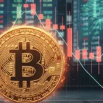Bitcoin coin with red falling price chart background representing crypto decline amid tariff tensions and Nvidia earnings.