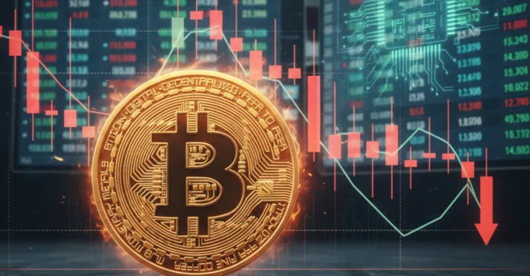 Bitcoin coin with red falling price chart background representing crypto decline amid tariff tensions and Nvidia earnings.