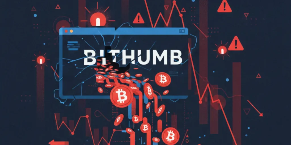 Bithumb cryptocurrency exchange interface with Bitcoin symbols, warning graphics, and falling price indicators illustrating a major Bitcoin distribution error.