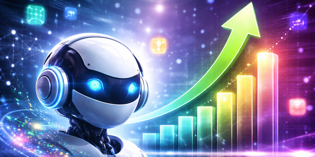 Futuristic AI illustration showing rapid growth in ChatGPT usage and rising competition in the AI market