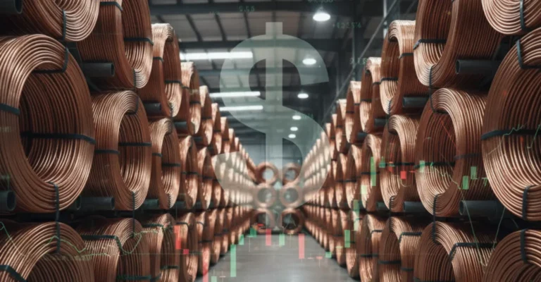 Stacks of copper coils in warehouse representing rising copper prices amid weaker US dollar and market shifts.