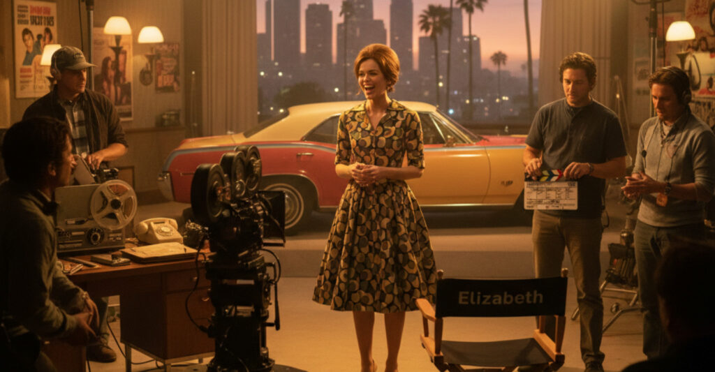 Elizabeth Debicki on a Los Angeles film set, standing next to crew equipment and lights, smiling while preparing for a scene in The Adventures of Cliff Booth.