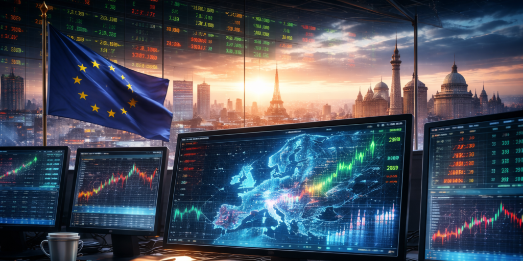 Trading screens showing European stock market charts with Europe map during geopolitical uncertainty