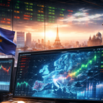 Trading screens showing European stock market charts with Europe map during geopolitical uncertainty