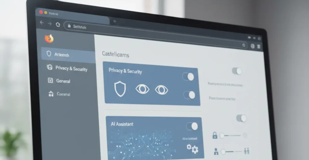 Firefox browser settings screen showing AI feature controls and privacy options