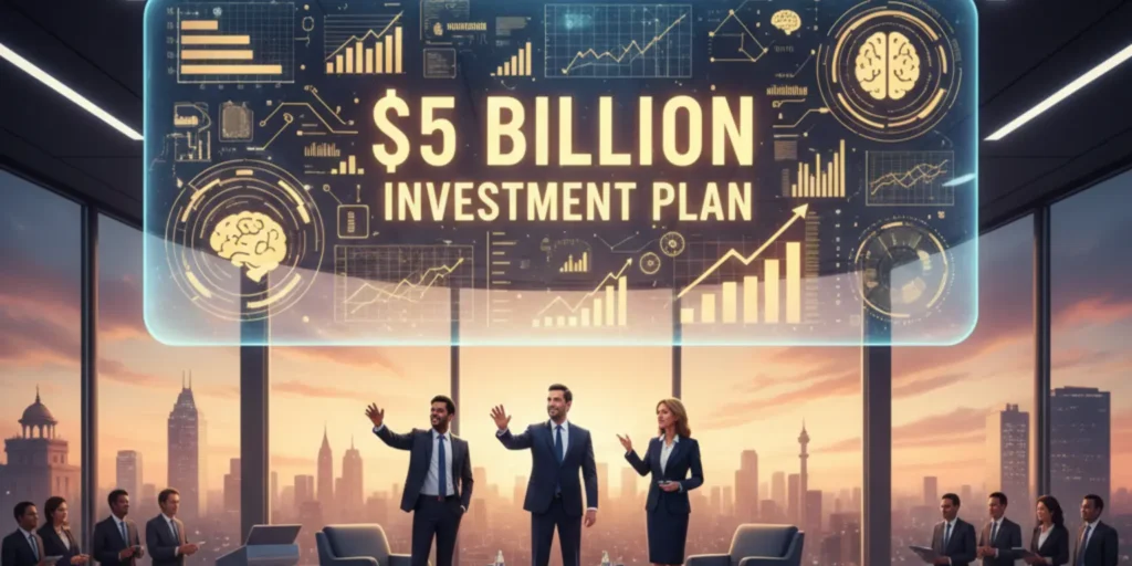 General Catalyst CEO Hemant Taneja speaking at India AI Impact Summit in New Delhi, with digital overlays representing AI, venture capital, and technology investments.