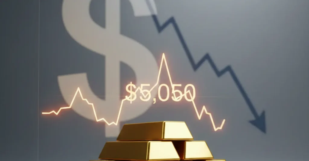 Gold price stability near $5,050 shown with gold bars and financial charts as the US dollar weakens and investors await key economic data