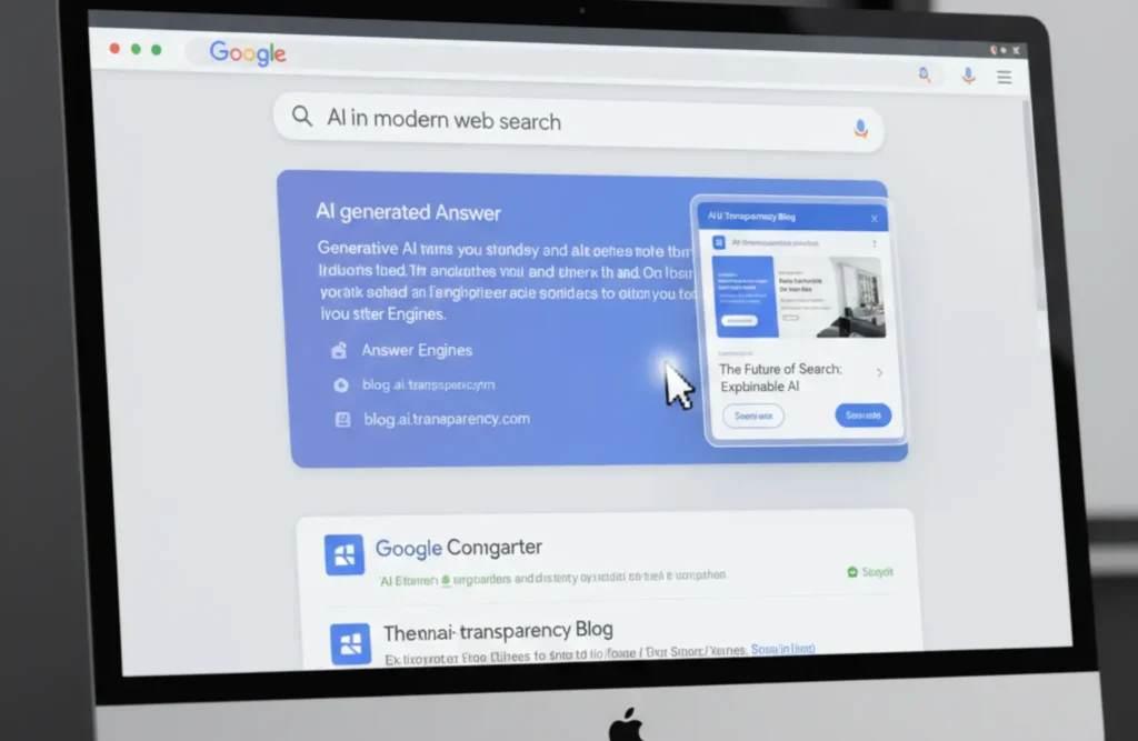 Google AI search with hover pop-up links showing previews of original websites to increase user interaction and source transparency