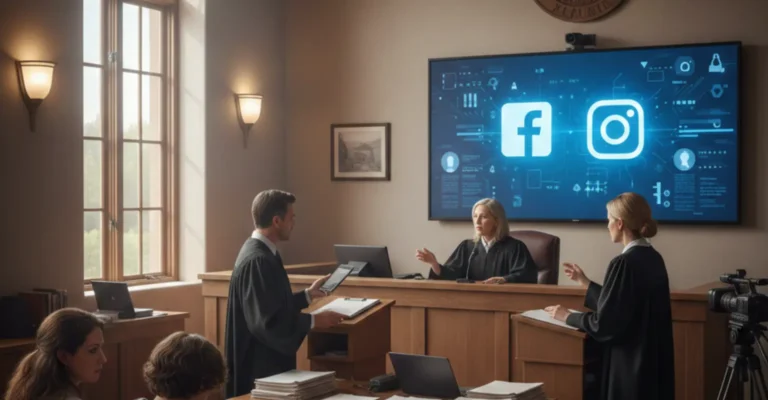 A courtroom scene highlighting legal arguments over teen social media use and parental supervision.