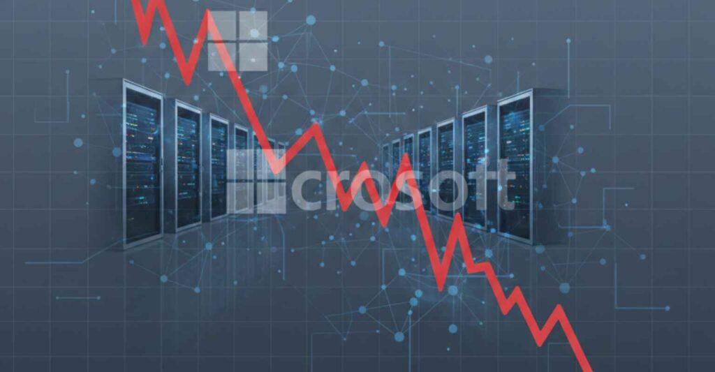Microsoft stock down 28 percent shown on a market chart with MSFT logo, highlighting investor concerns over AI spending and valuation