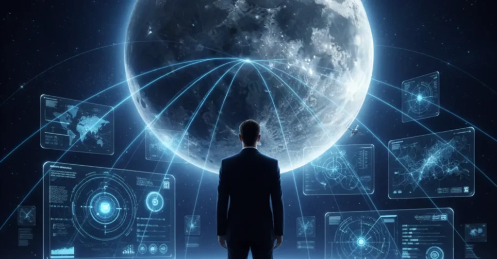 Elon Musk discusses xAI future with AI technology visuals and the moon in background as xAI faces leadership changes and IPO expectations