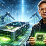 Futuristic data center with advanced AI processor technology representing Nvidia’s leadership in artificial intelligence and GPU markets