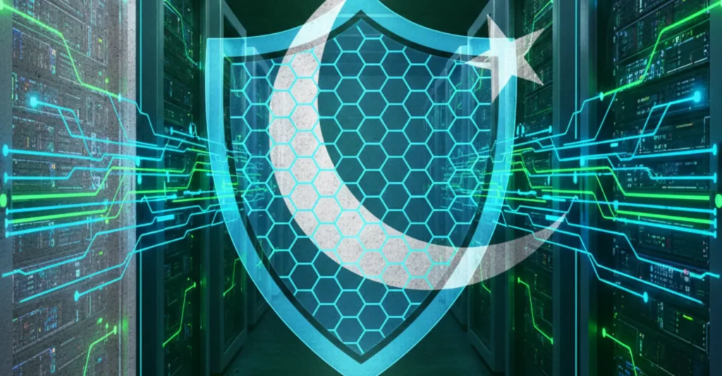 Digital firewall shield over network servers symbolizing Pakistan internet regulation and denial of firewall shutdown reports.