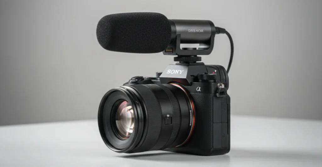 Panasonic LUMIX DMW-DMS1 on-camera microphone mounted on a mirrorless camera with windscreen attached and digital hot shoe connection.