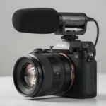 Panasonic LUMIX DMW-DMS1 on-camera microphone mounted on a mirrorless camera with windscreen attached and digital hot shoe connection.