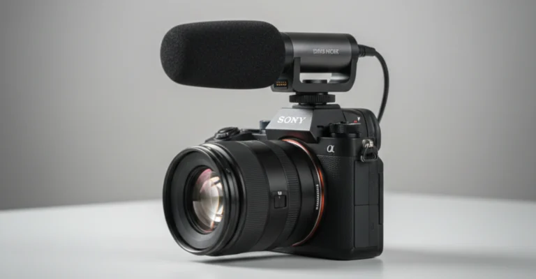 Panasonic LUMIX DMW-DMS1 on-camera microphone mounted on a mirrorless camera with windscreen attached and digital hot shoe connection.