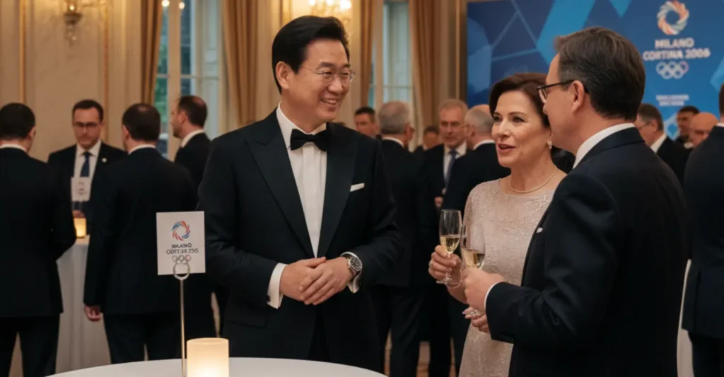 Samsung Electronics Chairman Lee Jae-yong at the 2026 Winter Olympics gala in Milan, mingling with world leaders and executives.