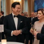 Samsung Electronics Chairman Lee Jae-yong at the 2026 Winter Olympics gala in Milan, mingling with world leaders and executives.