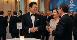 Samsung Electronics Chairman Lee Jae-yong at the 2026 Winter Olympics gala in Milan, mingling with world leaders and executives.