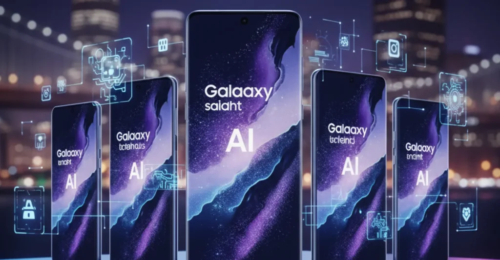 Samsung Galaxy S26 smartphones with Galaxy AI features displayed ahead of February 25 launch event in San Francisco