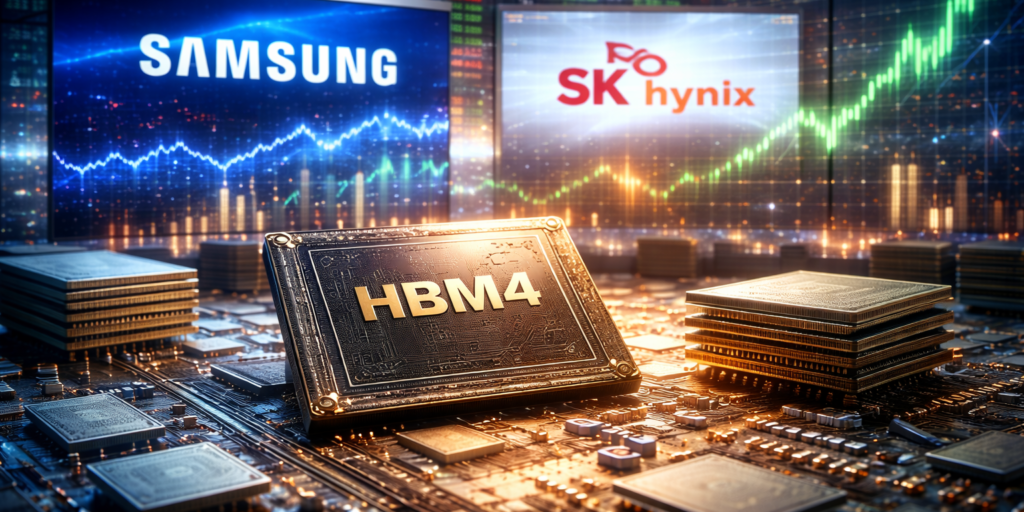 High bandwidth memory chip on circuit board representing Samsung and SK Hynix HBM4 pricing power during AI memory boom