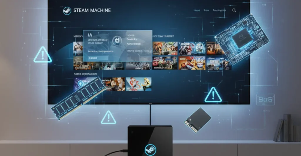 Steam Machine gaming console connected to a TV with Steam interface on screen, shortage warning icons, and PC hardware components in the background.