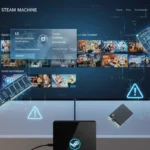 Steam Machine gaming console connected to a TV with Steam interface on screen, shortage warning icons, and PC hardware components in the background.
