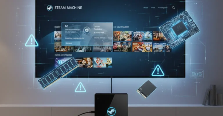 Steam Machine gaming console connected to a TV with Steam interface on screen, shortage warning icons, and PC hardware components in the background.