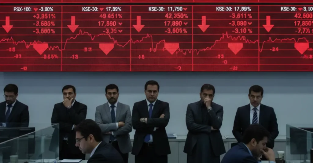 Pakistan Stocks Exchange trading floor showing falling stock prices and market volatility