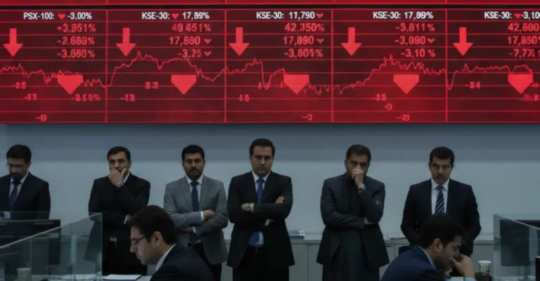 Pakistan Stocks Exchange trading floor showing falling stock prices and market volatility