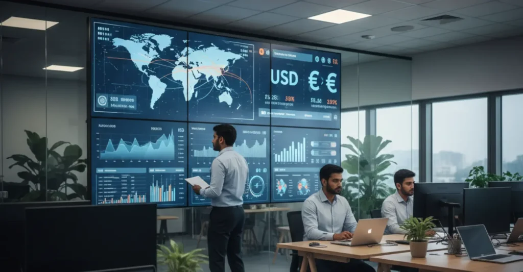 Stripe and PayPal investment highlighted as financial analysts in a Bengaluru office monitor global payment flows and currency exchange data at Xflow.