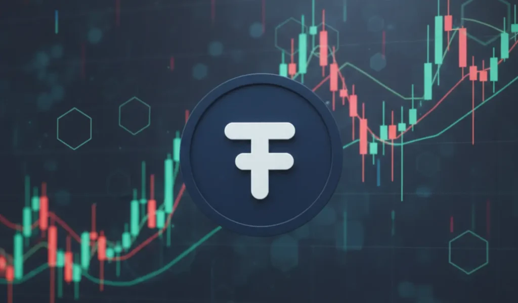 Tether USDT logo with a digital crypto market background showing cautious investor sentiment