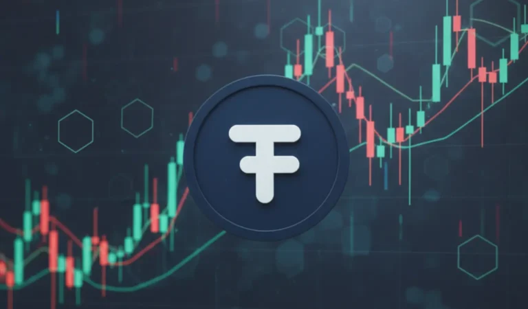 Tether USDT logo with a digital crypto market background showing cautious investor sentiment